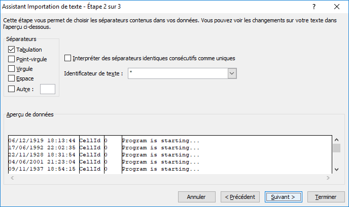 Excel import assistant - step 2