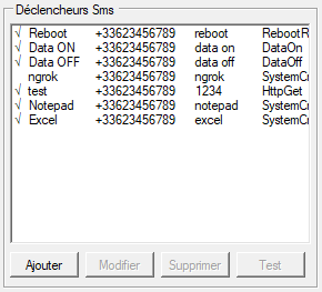 Liste des déclencheurs SMS