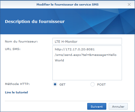 Définition d'un fournisseur SMS